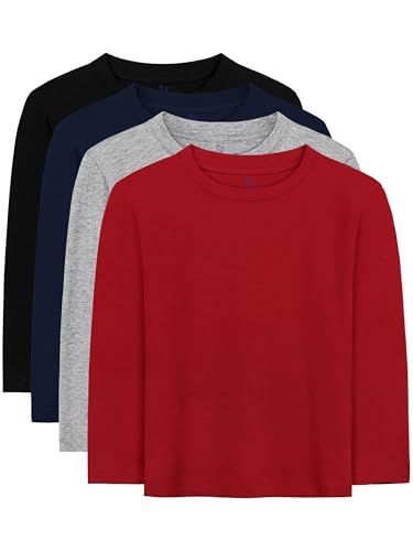 Image of HoeVou 4 Pack Toddler Long Sleeve Shirt Boy Kids T-Shirts Soft Cotton Tees Crewneck Multipack Baby Toddler Boys Shirts