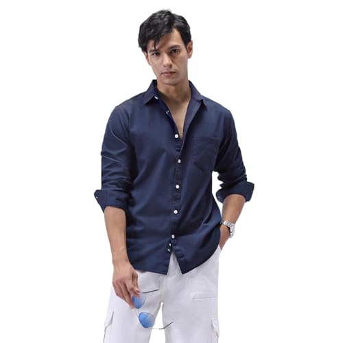 Image of Urbano Fashion Men's Cotton Full Sleeve Regular Fit Casual Solid Slub Shirt with Spread Collar