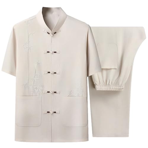 Traje de dos piezas para hombre, color liso, informal, cuello alto, costuras de bolsillo, bordado chino, de manga corta, caqui, XL