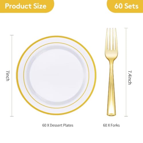 Goodluck 120PCS 7" Gold Dessert Plastic Plates with 7.4" Forks, Gold Appetizer Plates for 60 Guests, Including 60 Disposable Cake Plastic Plates and 60 Forks for Wedding/Birthday/Christmas Party