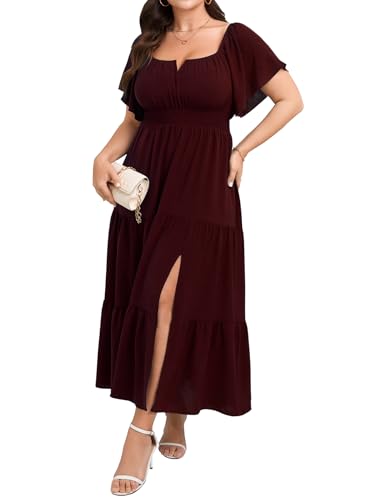 SCOMCHIC Womens Plus Size Maxi Dress Formal Short Sleeve Square Neck Smocked Side Split Flowy A Line Tiered Long Dress