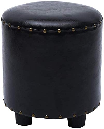 Tabouret en bois massif et cuir noir 32x38cm pour salon et chambre