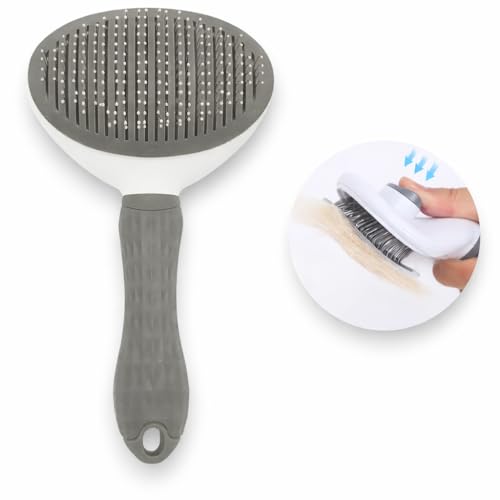 Escova Pet Removedora de Pelos para Cães e Gatos Autolimpante com Cerdas Flexíveis Resistentes e Cabo Anatômico (Cinza)