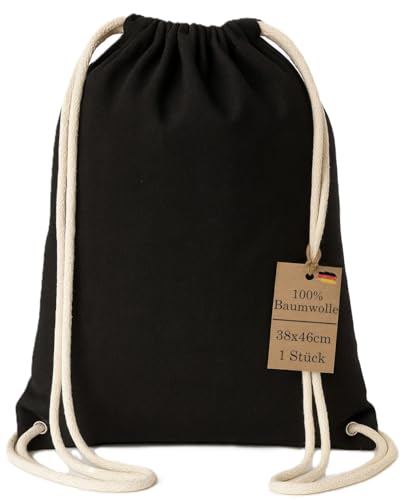 brand promotion Turnbeutel Baumwolle 38x46cm Stoffbeutel – OEKO-TEX® 100 zertifiziert – Sportbeutel mit Kordelzug – Nachhaltiger Baumwollbeutel Gym Bag für Sport, Schule & Freizeit (schwarz)