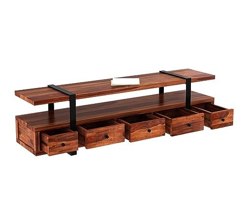 Image of Rustic Sheesham Wood & Metal TV Unit with 5 Drawers, 1 Shelf, and Storage for up to 70-inch TV - Perfect for Your Living Room (Arsenal, Honey Finish)