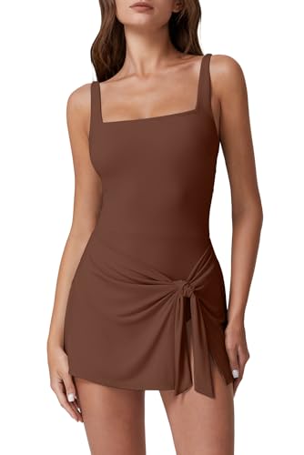 Image of QINSEN Square Neck Swim Dress for Women Tummy Control One Piece Swimsuit Wrap Bathing Suit