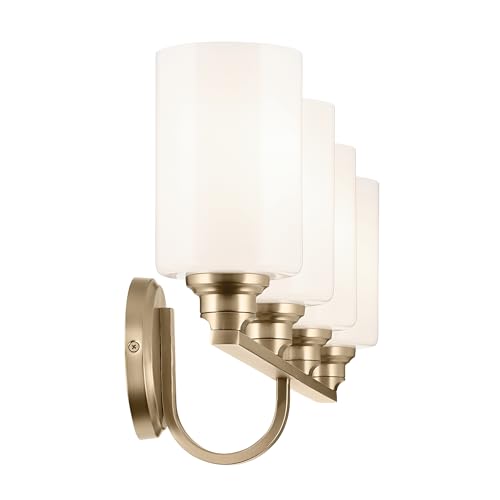 Image of Kichler Gioe 4-Light Vanity Light Fixture with Opal Glass in Champagne Bronze, Wall Mounted Bathroom Light for Mirror, Damp Rated (32.25 inch x 10.5 inch x 6.75 inch), 55227CPZ