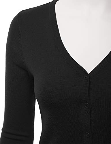 Eimin Women's 3/4 Sleeve V-Neck Button Down Stretch Knit Cardigan Sweater Black M #TOP3