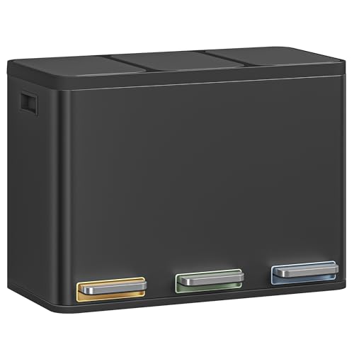 Hzuaneri Mülleimer Küche, Mülltrennsystem 3 Fächer 45L (3 x 15 L), Edelstahl-küchenmülleimer, Tretmülleimer mit Farbcodierbaren Pedalen, Abfalleimer Ruhiger Langsamer Abstieg, Schwarz SW04599B