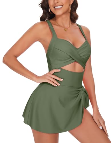 MFAVIP One Piece Swimsuit Women Tummy Control Swim Dress Sexy Criss Cross Tie Back Bathing Suit Army Green — view 2