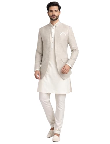 Image of Amzira Men's Jacquard Koti Kurta Set | Mandarin Collar | Full Sleeves Ethnic Wear | Festive & Wedding Traditional Outfit for Men