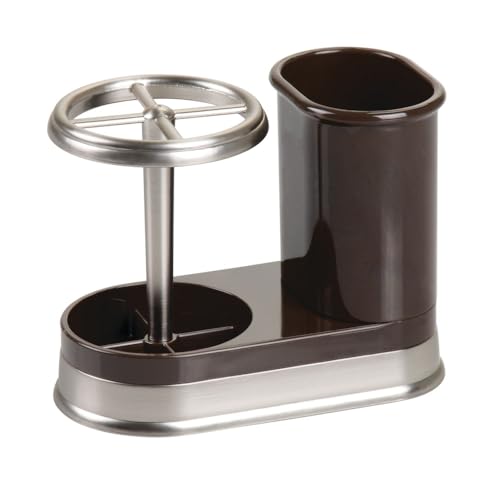 mDesign Decorative Bathroom Dental Storage Organizer Holder Stand for Electric Spin Toothbrush/Toothpaste - Compact Design for Countertop and Vanity, Holds 4 Standard Brushes - White/Bronze