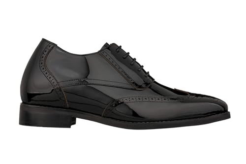 Image of CALTO Men's Invisible Height Increasing Elevator Shoes - Black Patent Leather Lace-up Wing-tip Formal Oxfords - 3 Inches Taller - S1015 - Size 8.5 D(M) US
