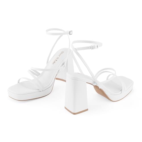 Image of Shoe'N Tale Platform Heels for Women Strappy Block Chunky Heels Square Toe Ankle Buckle Sandals