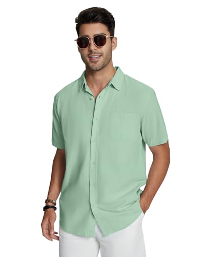 Friptspyg Leinenhemd Herren Hemd Kruzarm Baumwolle Leinen Hemden Regular Fit Freizeithemden Sommer Kurzarmhemd Casual Strandhemd mit Tasche, Mintgrün XL 2