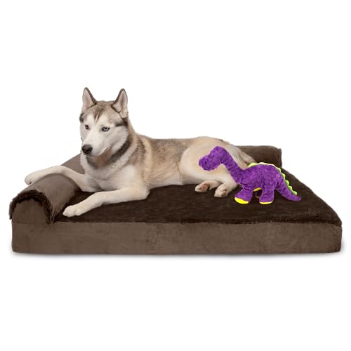 Image of FurHaven Orthopedic Dog Bed & goDog Toy - Squeaky Plush Dino with Chew Guard for Large Dogs - Plush & Velvet L Shaped Chaise - Sable Brown, Jumbo /XL