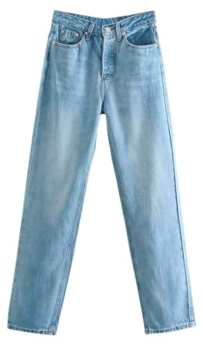 Classic Women's Blue Denim Jeans Straight Fit Full Length Button Pocket Design