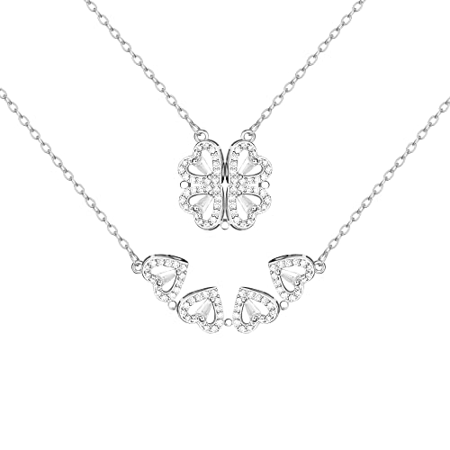 Dochais Collar Trébol con Forma de Corazón, Colgante de 4 Hojas Plata, Collar Abierta, Afortunado para Mujer y Hombre