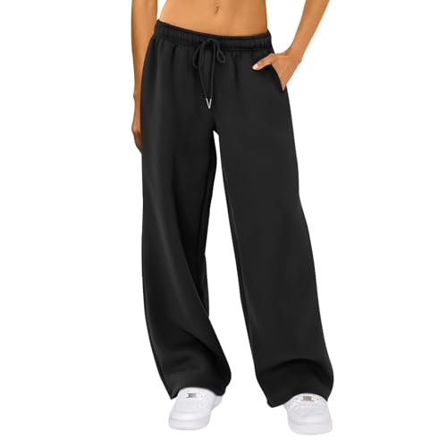 Women-Straight-Wide-Leg-Sweatpants-Casual-Baggy-Lined-Pants-Drawstring-High-Waist-Cargo-Jogger-Trousers