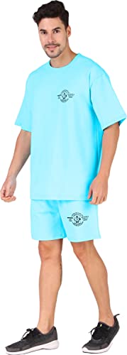 Image of London Hills Cotton Blend Casual Round Neck Co-ord Set for Men's Half Sleeve Oversized T-Shirt and Shorts, Printed Casual Sleepwear & Loungewear Nightdress Night Suits Set
