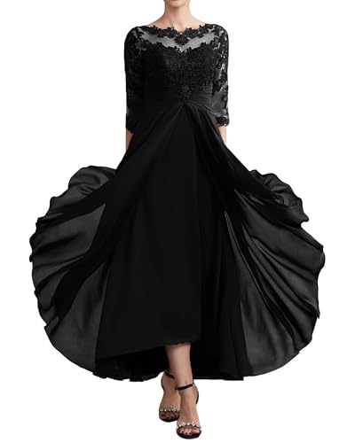 Image of GDJDIFK Lace Applique Chiffon Mother of The Bride Dresses - 3 /4 Sleeves Tea Length Ruched Waist Formal Gown for Wedding Guest Mauve