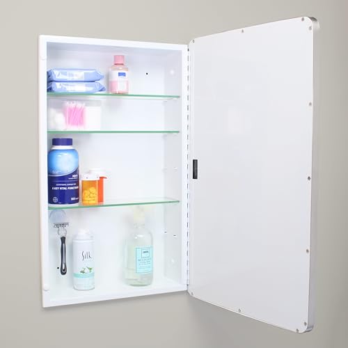 Image of 16x26 Austin Farmhouse Metal Framed Rounded Rectangle Recessed Bathroom Medicine Cabinet, Beveled Mirror, 14x24 in-Wall Opening, powder-coated Steel, Glass Shelves, Magnet Close, Brushed Nickel