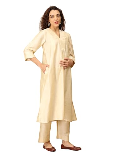 Image of The Mom Store Women's Raw Silk Maternity and Nursing Kurta Set | Front Zipper for Easy Feeding Pre and Post Pregnancy