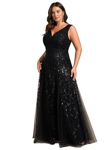 Ever-Pretty Women's Floor Length V Neck Backless A-line Sleeveless Tulle Sequin Emboridery Plus Size Formal Dresses