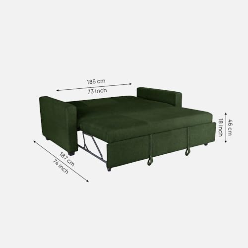 Image of Duroflex Ease - Wood 3 Seater Sofa Cum Bed with Pullout Mechanism, Sap Green Finish, 3-Person Sofa