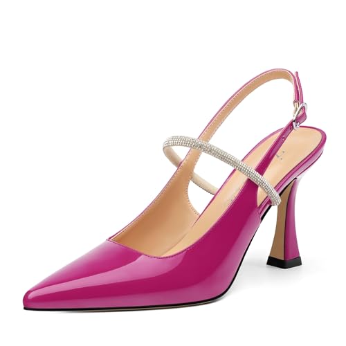 Women's Slingback Kitten Heels, Closed Pointed Toe Patent Leather Stiletto High Heel Pumps Crystal Ankle Strap Heels Party Wedding Dating Dress Shoes 3.35 Inch
