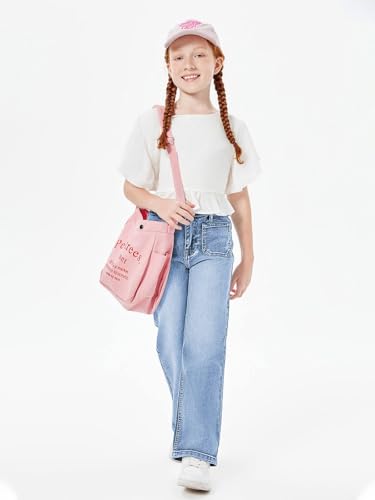 Haloumoning Girls High Waisted Jeans Straight Leg Stretch Demin Pants Cute Casual Trousers with Pockets3