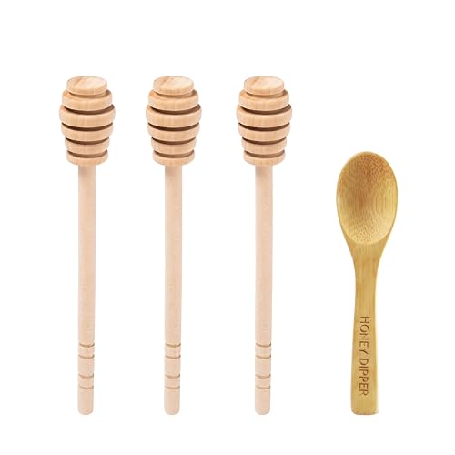 DESIOLE 4Pcs Wooden Honey Dipper Sticks Mini Honey Spoon, 6.3 Inch Honey Mixing Stirrer Comb Stick for Honey Jar Dispense Drizzle Honey Wedding Party