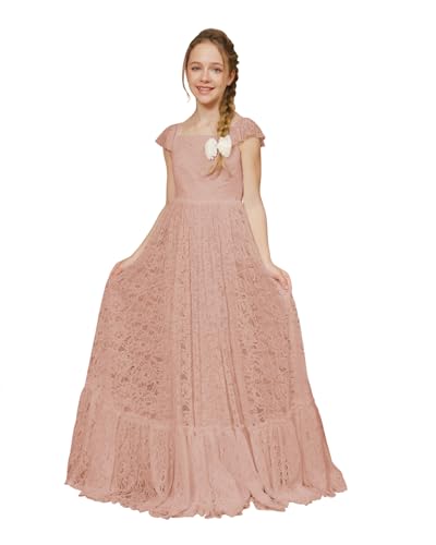 JISISANG Boho Lace Flower Girls Long Dress for Wedding Cap Sleeves First Communion Dress Girls A Line Princess Dress