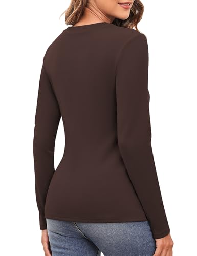 Aottori Brown Thermal Tops Womens Round Neck Base Layer Ladies Long Sleeve Underwear Tops Autumn Winter Warm Solid Basic Pullover T Shirts Brown L - Image 4