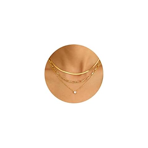 17 MILE Gold Layered Choker Necklace for Women, 14K Real Gold Plated CZ Pendant Necklace, Dainty Flat Snake Chain Layering Necklace Cover