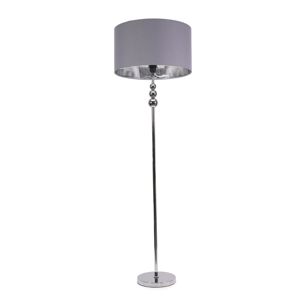 ValueLights Marissa Grey & Metallic Chrome Shade Brushed Gold Stacked Floor Lamp & Bulb
