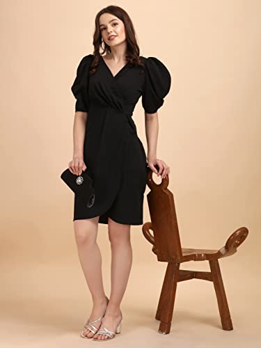 Image of Sheetal Associates Women's Puff Sleeve V-Neck Bodycon Casual Mini Dress