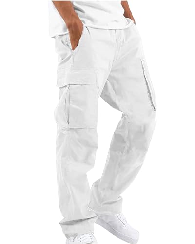NANAMEEI Pantalon Cargo Homme en Coton Pantalon Outdoor Tailles Grandes Pantalons de Travail Ceinture Elastique avec Multipoches Blanc M