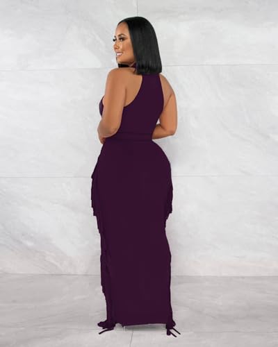 Image of 2 Piece Outfits for Women Sexy Halter Neck Sleeveless Crop Tops Ruched Bodycon Dresses Jumpsuits Fringe Skirt Sets