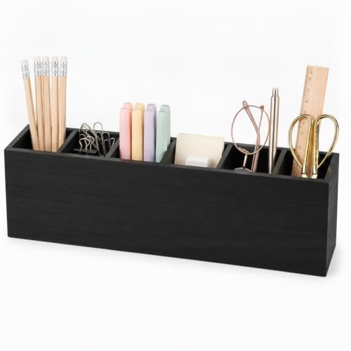 Image of Jetec Wooden Pencil Pen Holder for Desk 6 Compartments Cosmetic Makeup Brush Stationery Office Desktop Organizers for Countertop Adjustable Silverware Caddy for Party, Art Supplies, Home Decor(Black)