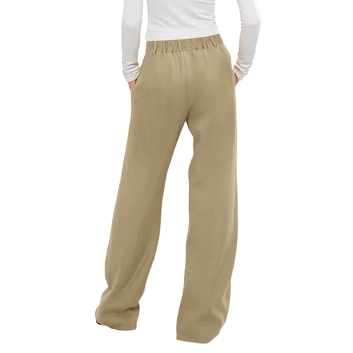 Women's Linen Pants Wide Leg Dressy Business Casual High Waisted Button Trousers Solid Palazzo Pants with Pockets2