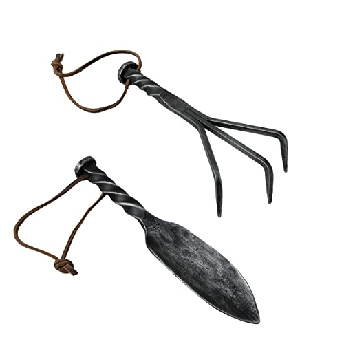 Hand Forged Twisted Metal Garden Tools Set of 2 Pcs Wrought Iron Handmade Garden Transplant Trowel and Rack Tools for Garden Cultivator Black Antique Finish Heavy Duty Garden Tools by Living IDEA