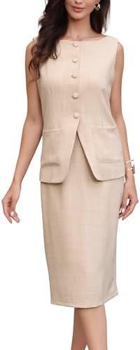 Allegra K 2 Piece Skirt Sets for Women's Linen Sleeveless Boat Ne...