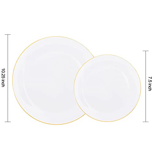 KIRE 60PCS Gold Plastic Plates - Thanksgiving Heavy Duty White Disposable Plates with Gold Rim for Party/Wedding- Include 30Pieces 10.25inch Dinner Plate and 30Pcs 7.5inch Dessert Plate