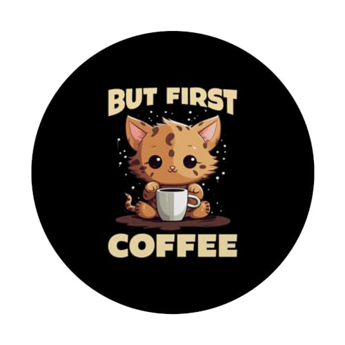 coffee first sweet cat kitty caffeine lovers PopSockets Swappable PopGrip, Black - Image 3
