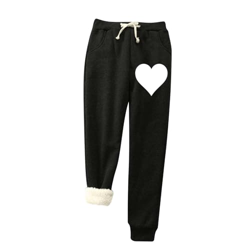 Pantalones con forro polar para mujer, con estampado de amor, pantalones de chándal lisos, cintura elástica suave, pantalones sanitarios, leggings térmicos de invierno, cálidos, casuales, pantalones
