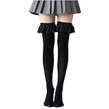 UKKO Kniestrümpfe 3 Paar Jk Frau Socken Spitze Nette Schwarz Weiß Samt Lolita Long Socken Sexy Kniehohe Socken Kawaii Anime Rüschen Strümpfe-Black Stockings,One