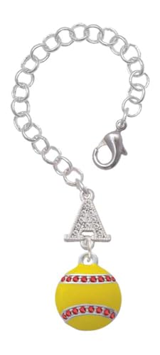 Delight Jewelry Silvertone Optic Yellow Softball with Red Crystal Stitching - Silvertone Crystal Initial Charm Accessory for Tumblers and Thermal Cups