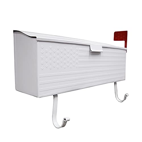 Image of Oakland Living AZ620-WHITE White Patriotic Metal Outgoing Mail Flag and Newspaper Hangers Wall Mount Mailbox