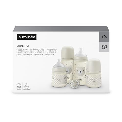 Miniatura 5 de Suavinex, Set Biberones Recién Nacido, Pack Regalo con: 2 x 270 ml Flujo Medio + 2 x 150 ml Flujo Lento + Chupete de 0 a 6 Meses, Tetinas Fisiológicas SX Pro de Silicona, 5 Pcs, +0M, Wild&Free Beige